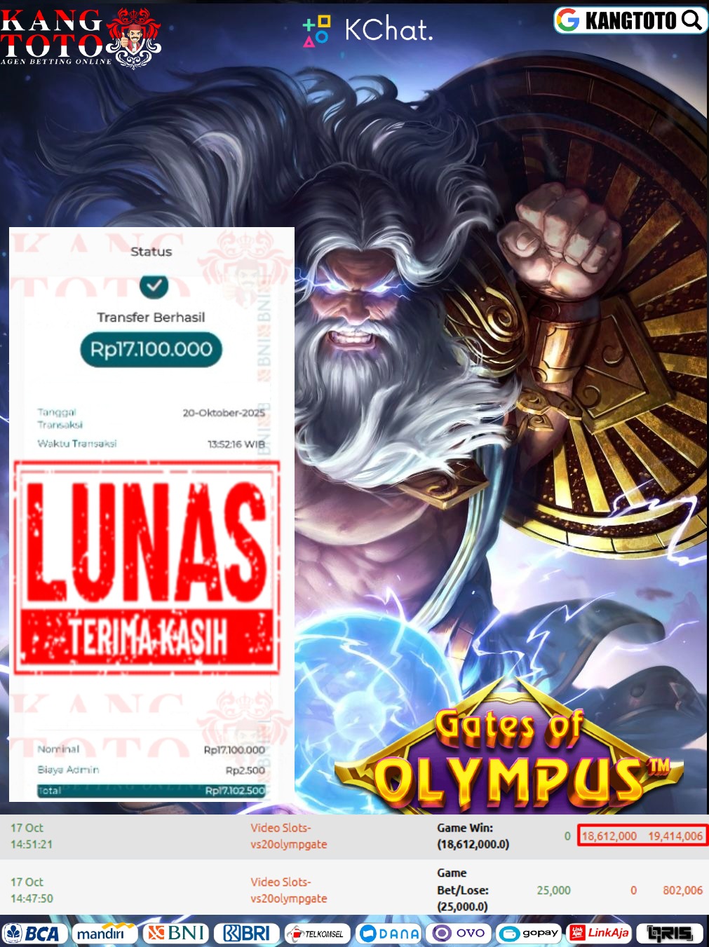 PRAMAGTIC PLAY - JACKPOT GATES OF OLYMPUS RP.17.100.000.- LUNAS